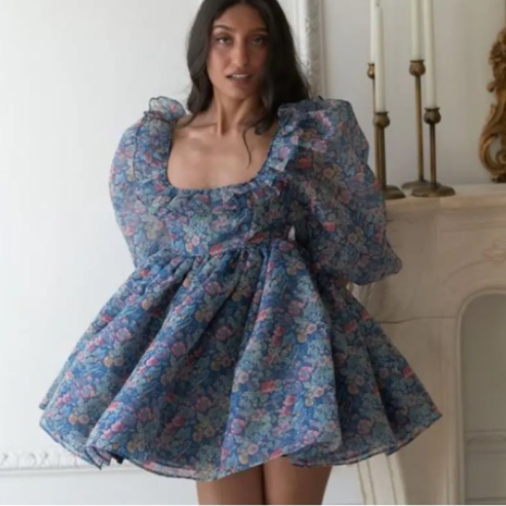NWOT Selkie Mayfair Secret Garden Puff Sleeve Blue Floral Mini Dress Size XL - Picture 2 of 16